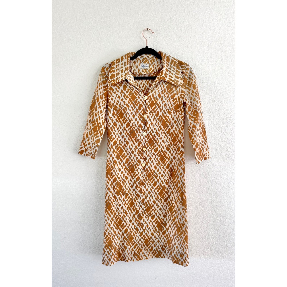 Vintage Brown White Pixelcore‎ Button Front Midi Dress Women Size